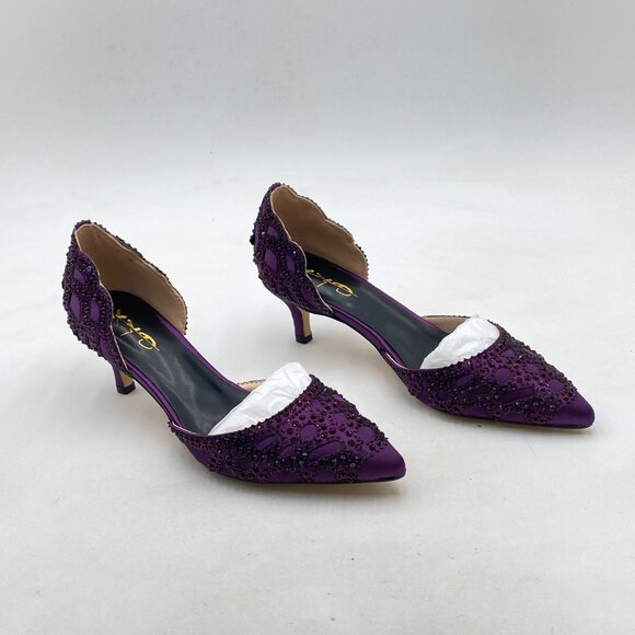 XYD Dark Purple Pointed Toe D'Orsay Kitten Heel Rhinestone Studs Slip-On Shoes - Picture 4 of 8
